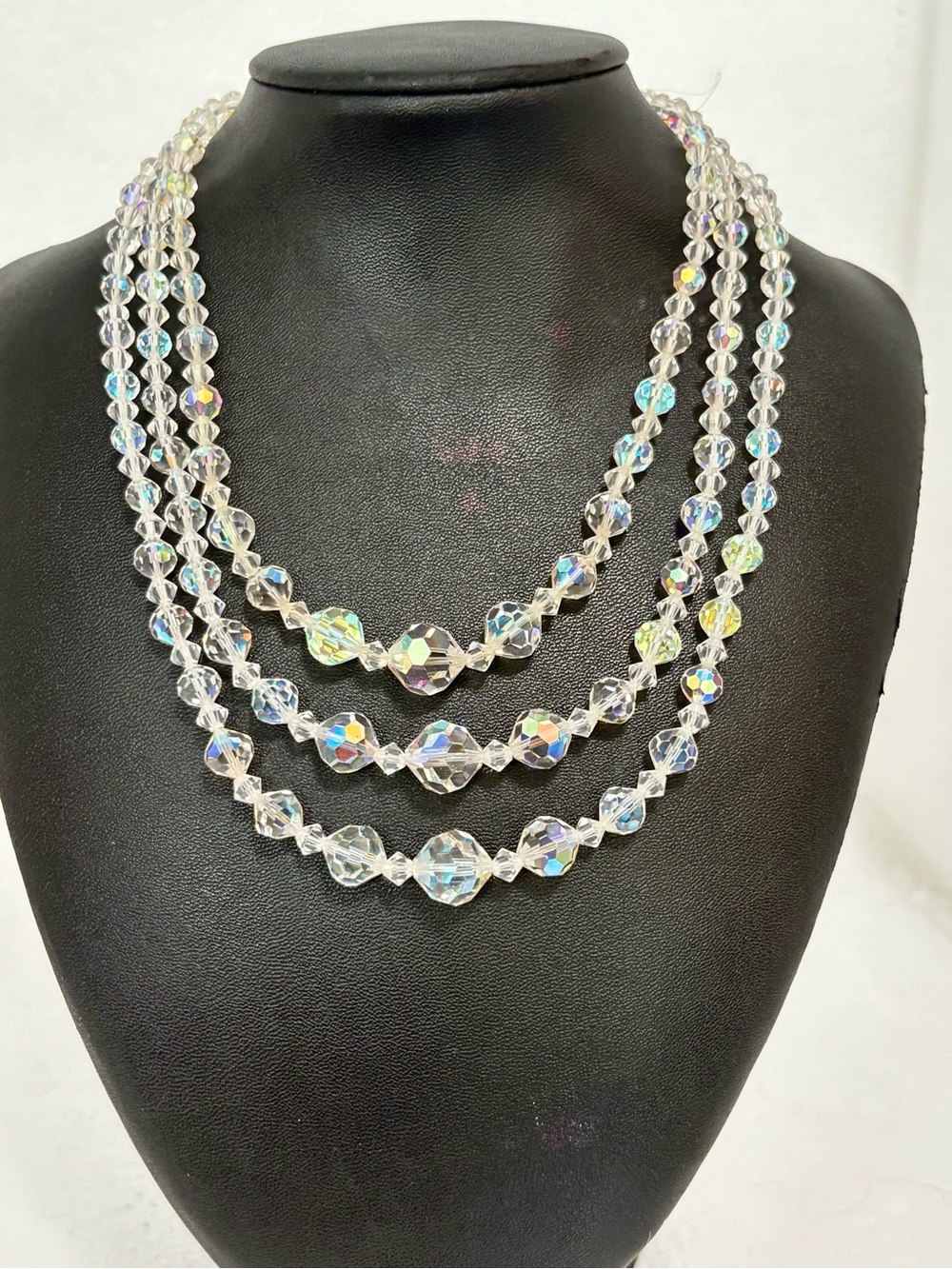 Vintage Aurora Borealis Crystal Necklace 3 Strand Graduated Faceted Clear 14”+2”